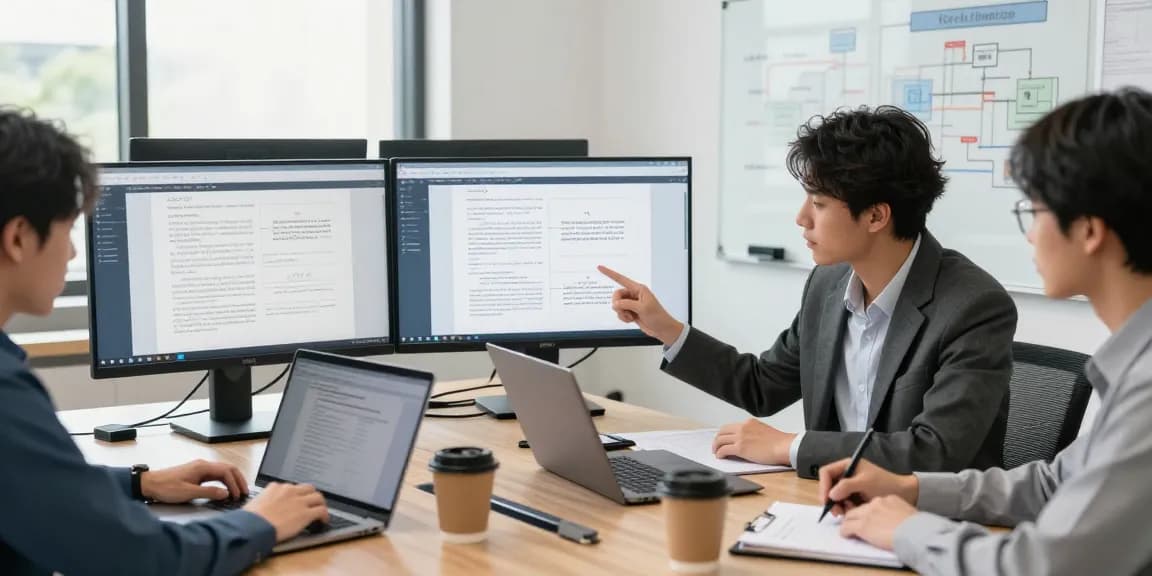 Team analyzing digital documents for document fraud detection in a modern office.
